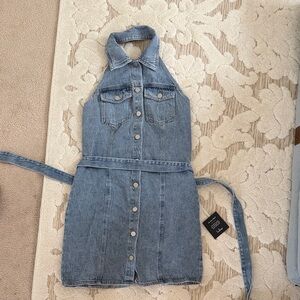 Lulu's Light Wash Denim Halter Button-Front Mini Dress
